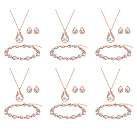 Bridesmaid Jewelry Set for Women 6 Sets Rose Gold Plated Teardrop Pendant with Pearl Necklace Earrings Bracelet Set Bridesmaid Gift for Wedding/Proposal/Party/Anniversary