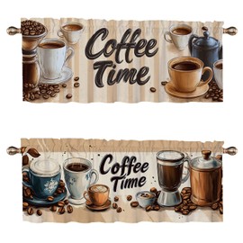 CAIJXIONG Coffee Valance Curtains 2 Pack Farmhouse Country Coffee Vintage Valance for Kitchen Windows Bathroom Living Room Bedroom Window Treatment Valances 54x18 inch