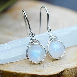Sdouefos Natural Moonstone 925 Sterling Silver Drop Dangle Earrings Dangle Hoop Earrings Moonstone Lapis Copper Turquoise Rose Quartz Onyx Earrings Dangle Style Sterling Silver for Women