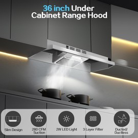 Zomagas Range Hood 36 inch Under Cabinet, Ducted/Ductless Kitchen Hood 280CFM, Stainless Steel Vent Hood with Rocker Button Control, Stove Hood with 2 Speeds Fan, Bright LED Light