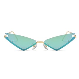 Azoxus Women Futuristic Small Cateye Sunglasses Triangle Rimless Tinted Green Mirrored Lens