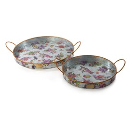 MacKenzie-Childs Flower Market Galvanized Outdoor Trays, Round Serving Trays for Home Decor, Cute Galvanized Serving Trays with Handles for Outdoor Use, Set of 2
