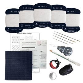 Sashiko kit, Daruma Sashiko Thread, Needles and Cotton Fabric with Grid Line Print, Marking Pencil, Thimblem and Traditional Design Sewing Set (Unbleached Thread/Navy Fabric)