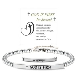 GOD IS FIRST BRACELET, GOD IS FIRST IM SECOND Inspirational Beaded Bracelets Stainless Steel Band Square Tubes Engraving Cross Bible Verses Christian Faith Jewelry Gifts For Women Men (God Is First)