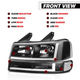 M-AUTO OE Style LED Headlights Assembly Compatible with 2003-2023 Express, 4PC Set Driver and Passenger Side w/Switchback LED Strip DRL, Black Housing and Clear Corner