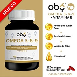 OBY Omega 3 + Vitamina E, Omega 6 y Omega 9. 120 Softgels. Omega 3 6 9 capsulas: Aceites Puros de Salmon, Linaza, Olivo, con DHA y EPA. Sin metales pesados. Suplemento alimenticio Sin sabor y Sin olor