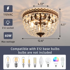 KAIQI 3 Lights French Empire K9 Crystal Flush Mount Chandelier Lighting Antique Ceiling Light Fixture for Dining Room Entrance Hallway Bedroom Kitchen Bathroom Bar, E12 Bulbs W12 .6 inch X H8.27inch