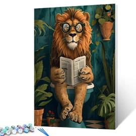 Funny Lion Bathroom Paint by Numbers for Adults Lion In Toilet DIY Oil Painting Gift Kits Tropical Jungle Lion Paint by Number Kits Canvas Farmhouse Arts Craft Modern Home Decor16x20In no Frame