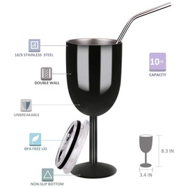 AMZUShome Stainless Steel Wine Glasses(2 Pack).Double Walled Vacuum Insulated Wine Tumbler Cups With Lid and Straw.Friendship,Christmas,Birthday Gifts for Women Men Friends Dad Mom(10oz Black)