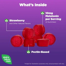 Gomitas de melatonina Natrol, Apoyo al sueño para adultos, Suplemento de melatonina de 10 mg para dormir, 90 gomitas con sabor a fresa, suministro de hasta 45 días