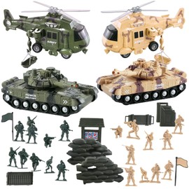 Vokodo 5 Pack Armed Forces Vehicle Bundle Toy Playsets, Friction Power Vehicles Includes Helicopter, Tank and Army Figurines, Military Car, Truck Pretend Play Toys Toddler Kids Boys