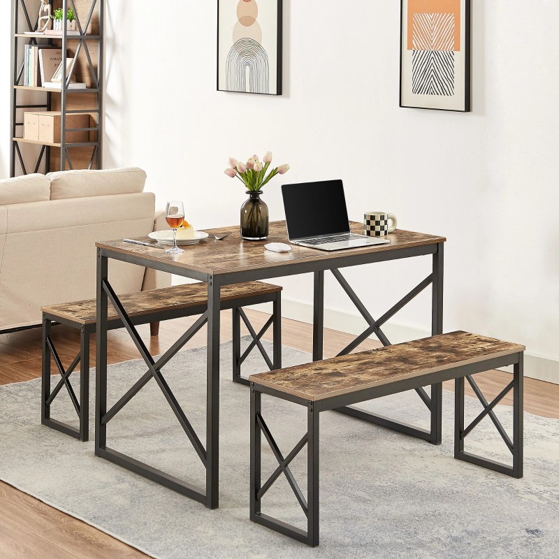 VECELO Wood Dining Table Set for 4 with Bench Kitchen