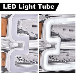 PIT66 LED DRL Headlight Assembly Fit for 2005-2007 Ford F250 F350 F450 F550 Super Duty/ 2005 Excursion,(Not Fit Sealed Beam Headlight model) Headlamp Clear Lens Chrome Housing Amber Reflector