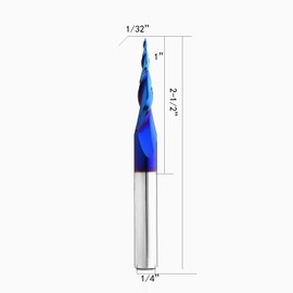 Tapered Ball Nose Up Cut CNC Spiral Router Bit 1/4Inch Shank Coating Carbide End Mill for 3D&2D Carving Engraving 2Flute 2-1/2"Overall Length (1, 1/32" Cutting Diameter)