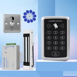 XYBkey Standalone Access Control System Kit Keypad Controller Waterproof RFID Keypad Door Reader 180KG/350LBs Magnetic Lock + Stainless Steel Exit Button 10 ID Keychains