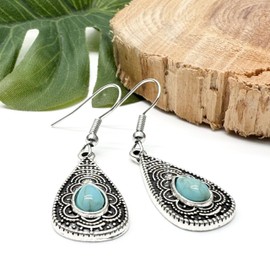 Turquoise Tear Drop Earrings, Tibetan Silver Charms with Blue Resin Stone on Nickel Free Hooks : 44mm long, Boho Chic Charm Earrings, Retro Jewellery Gift for Women