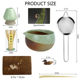 Artcome Matcha Tool Set– Bowl with Pouring Spout, Whisk, Whisk Holder, Tea Scoop, Matcha Strainer, Tea Spoop, Tea Scoop Holder, Tea Cloth – Traditional & Refined