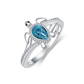 Gnteey 925 Sterling Silver Sea Turtle Ring 6X4mm Pear Shape Birthstone Statement Ring for Women, 7.5, Gemstone, London Blue Topaz