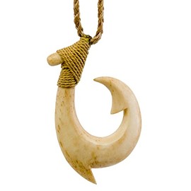 Stylized Maori Hawaiian Aged Bone Spike Fish Hook Necklace, 35mm (ABFHS35B)