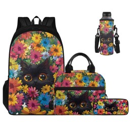 Yuresuaet Kids Backpack Set with Lunch Bag for Girls 8-10 Cats Flowers School Bag for Boys 4th Grade Pencil Case Insulated Lunch Box Water Bottle Carrier with Strap Back to School Set