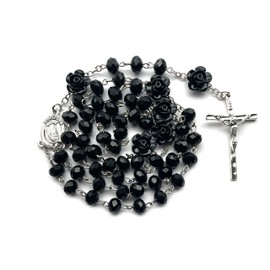 swqfzki Catholic Rosary Black Crystal Beads Rosary Necklace for Women First Confirmation Catholic Gifts for Women Our Rose Holy Soil Medal & Cross Crucifix Rosary Necklace