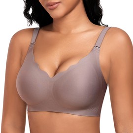 DOCUMO Wireless Bras for Women Push Up Bra Wavy V Neck No Underwire Bra with Lift Adjustable Seamless Grey Bralettes Comfortable Bra(Grey,Large)