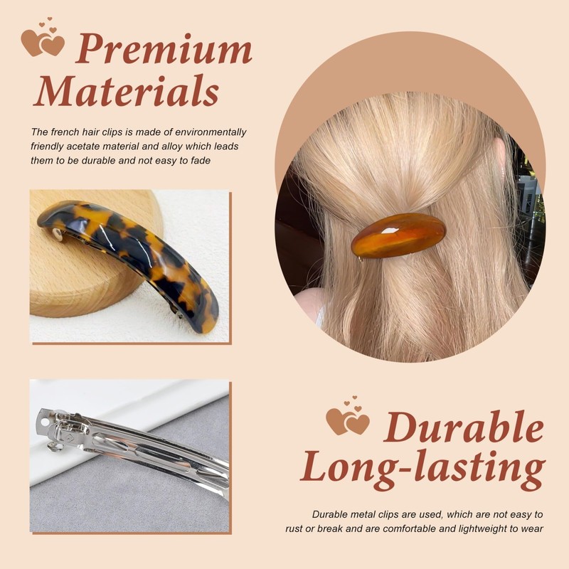 3Pcs French Hair Barrettes, Tortoise & Leopard Acetate Clips