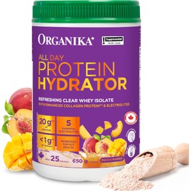 Organika Canadian-Made Protein Hydrator- Peach Mango Flavour- Clear Whey Protein Isolate with Collagen, Electrolytes, and Probiotics. Easy to Digest, 20g Protein Per Serving- 650g