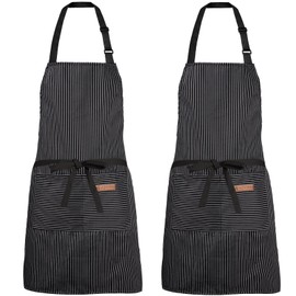XIEJINJIA 2 Pack Adjustable Apron with Pockets Chef Kitchen Restaurant Cooking Baking Gardening for Women Men Black Pinstripe