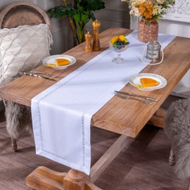 ARTABLE Faux Linen Table Runner Handmade Hollow Minimalist Brushed Table Runner Small Retro for Home Wedding Elegant Table Decoration (White, 35 x 140 cm)