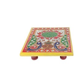Export Quality Wooden Puja Chowki Pair with Intricate Floral Painting Used For Pooja Items Git Use Also. (Size 6x6 inch)