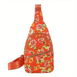 Maxoner Trendy Small sling chest bag for women with multi zipper pockets, Stylish Chic Quilted Design adjustable crossbody daypack backpack shoulder fanny pack for Travel, Sports, Running, Hiking, and Daily Use - Color: Red Flowers