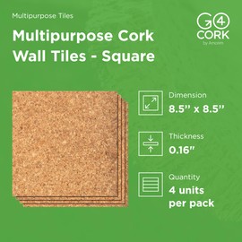 Go4Cork Square Cork Tiles - 8.5" x 8.5", Pack of 4 | Premium Double-Sided Eco Cork Tiles | Multipurpose for Crafts & Home, Classroom & Office Organization Decor | Anti-Slip & Easy to Use