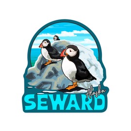 Die Cut Sticker Seward, Alaska, Puffins on Rock, Contour Vinyl Sticker 3 to 6 inches, (Waterproof Decal for Cars, Water Bottles, Laptops, Coolers), Large