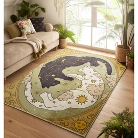 Estmy Washable Mystical Cat Rug, Vintage Retro Abstract Celestial Zodiac 5x7 Area Rugs Carpet for Bedroom Dining Living Room Dorm Entryway Kitchen, Thin Pile Bohemian Cute Animal Carpet