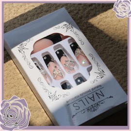 Black Press on Nails Medium Long French Tip Nails Press Ons Kit Charms Gems Silver Butterfly Rhinestone Pink Fake Nails Artificial Coffin Gel Like Glossy 3D False Nail Manicure for Women Girls 24