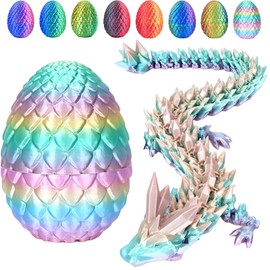 3D Printed Dragon Egg Prefilled Easter Eggs - Easter Basket Essentials, Dragon Eggs with Dragon nside, 12'' Full Articulated Crystal 3D Dragon - Fidget Toys (Rainbow)