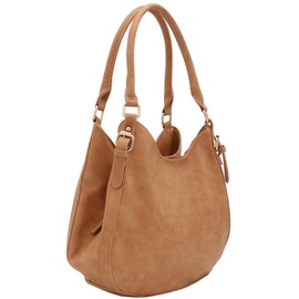Light-weight 3 Compartment Faux Leather Medium Hobo Bag (Tan)