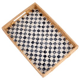 Tynulox Rectangle Rattan Tray with Mother of Pearl Inlay, Rattan Serving Tray with Handle for Coffee, Bread, Fruits, Snacks, Decorative Wicker Tray for Table Decor (Rectangle Checkerboard, 13"×9")