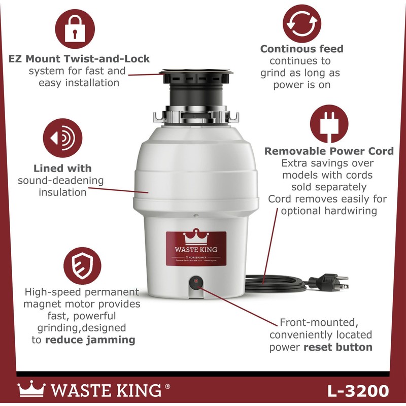 Waste King Garbage Disposal for Kitchen Sink with Power Cord,