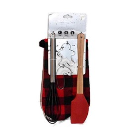 New 5pc Holiday Candy Cane & Gingerbread Man Cookie Cutters, Rubber Spatula & Red & Black Checker Oven Mitt & Silicone and Stainless Whisk Kitchen Baking Set