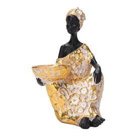 BRABUD Sitting African Girl Tribal Lady Statue with Small Tray Resin Tray for Candy Jewelry Ring Keys, Home Dressing Table Bedside Table Desk Decoration Storage (Gold)