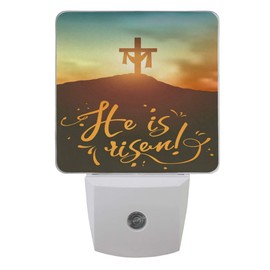 Vdsrup Easter Cross Sunrise Night Light Set of 2 Mountain He is Risen Plug-in LED Nightlights Auto Dusk-to-Dawn Sensor Lamp for Bedroom Bathroom Kitchen Hallway Stairs