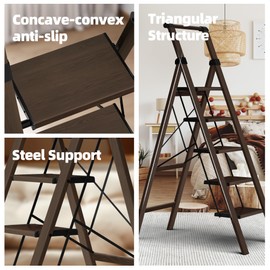 HillhutApex 5 Step Foldable Aluminum Step Ladder with Handgrip, Anti-Slip Pedal, 330lbs Capacity, Lightweight & Portable for Home, Kitchen, Office, Garage (Walnut)