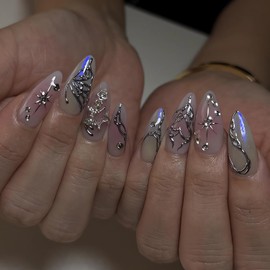 LPOODDNU 3D Silver Press on Nails Medium Almond Fake Nails with Star Butterfly Designs Gradient Purple White French Acrylic Nails Full Cover Glue on Nails Reusable Stick on Nails for Women 24Pcs