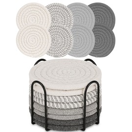 8 Pcs Drink Coasters with Holder, Minimalist Boho Coasters for Drinks Absorbent, Cotton Woven Coasters Set for Coffee Table Home Decor Bar Tabletop Protection, Suitable for Kinds of Cups 4.3 Inch