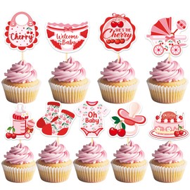 Refavor Cherry Baby Shower Cupcake Toppers Decorations, 36PCS She's the Cherry On The Way Party Decor, Sweet Fruit Theme Gender Reveal for Baby Girl