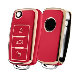 OATSBASF Autoschlssel Hlle VW, VW Golf Schlsselbox,Schlsselhlle Cover fr vw Polo Passat Skoda Seat 3-Tasten (Goldener Rand-Rot)