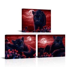 sechars 3 Pieces Panther Canvas Wall Art Black and White Animal and Full Moon Painting Picture Print Modern Wildlife Leopard Artwork for Living Room Bedroom Office Decor Ready to Hang (Red, Small)