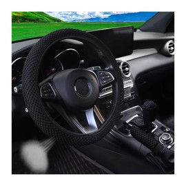 Bittwee 3PCS 15Inch Car Steering Wheel Cover Armrest Cover Gear Shift Cover Set, Microfiber Breathable Anti-Slip Automotive Steering Wheel Protector, Vehicle Interior Decor, Universal Fit（Black）